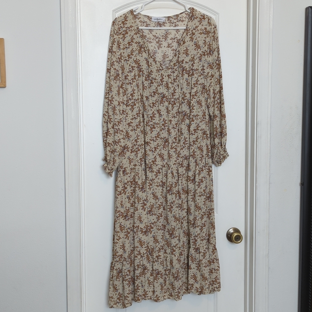 Carly Jean Los Angeles CJLA Laura Brown and Cream Floral Midi Dress size XL